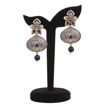 Comely Oxidised Silver Leaf Shape Blue Beaded Dangling Earring For Women & Girls 3