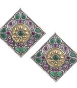 Elegant Oxidised Silver Sqare Shape Green & Red Beaded Earring For Woman & Girls