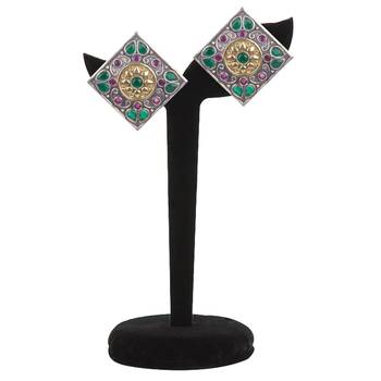 Elegant Oxidised Silver Sqare Shape Green & Red Beaded Earring For Woman & Girls 3
