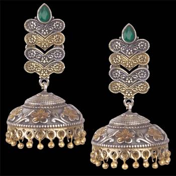 Graceful Oxidised Silver Green Beaded Long Jhumkhi For Women & Girls 2