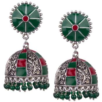 Elegant Oxidised Silver With Red & Green Minakari Beaded Brass Jhumkhi For Women & Girls 1