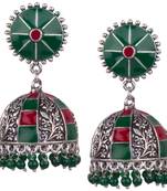 Elegant Oxidised Silver With Red & Green Minakari Beaded Brass Jhumkhi For Women & Girls