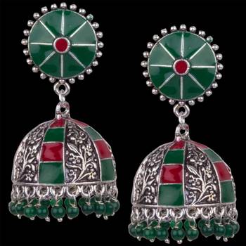 Elegant Oxidised Silver With Red & Green Minakari Beaded Brass Jhumkhi For Women & Girls 2