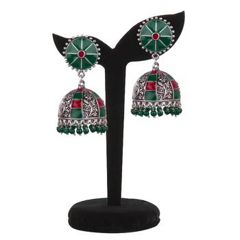 Elegant Oxidised Silver With Red & Green Minakari Beaded Brass Jhumkhi For Women & Girls 3