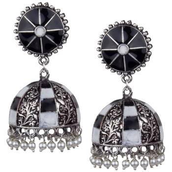 Sightly Oxidised Silver White & Black Minakari With White Pearl Jhumkhi For Women & Girls 1