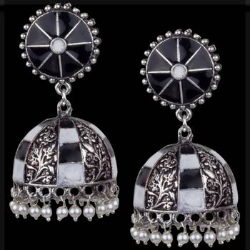 Sightly Oxidised Silver White & Black Minakari With White Pearl Jhumkhi For Women & Girls 2