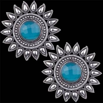 Comely Oxidised Silver Sky Blue Turquoise Stone Brass Stud Earring For Women & Girls 2