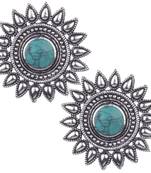 Foxy 
Oxidised Silver Round Shape Green Turquoise Stone Stud Earring For Women & Girls