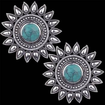 Foxy 
Oxidised Silver Round Shape Green Turquoise Stone Stud Earring For Women & Girls 2