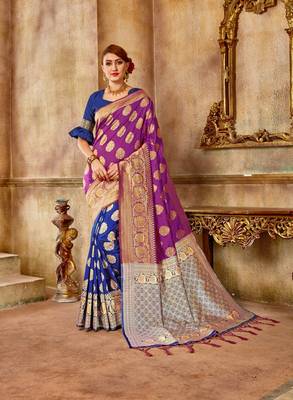 Navy Blue Woven Art Silk Saree With Blouse 1