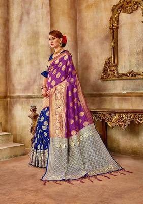 Navy Blue Woven Art Silk Saree With Blouse 3