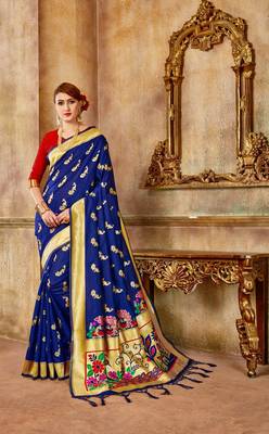 Navy Blue Woven Art Silk Saree With Blouse 1