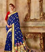 Navy Blue Woven Art Silk Saree With Blouse