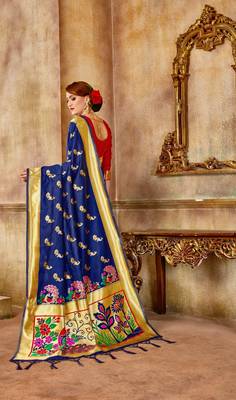 Navy Blue Woven Art Silk Saree With Blouse 2