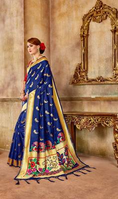 Navy Blue Woven Art Silk Saree With Blouse 3