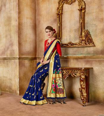 Navy Blue Woven Art Silk Saree With Blouse 4