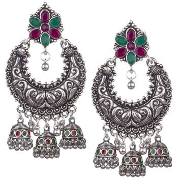 Divine Oxidised Silver With Green & Pink Beaded Dangling Earring For Women & Girls 1