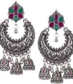 Divine Oxidised Silver With Green & Pink Beaded Dangling Earring For Women & Girls