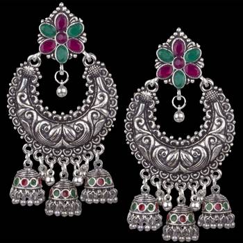 Divine Oxidised Silver With Green & Pink Beaded Dangling Earring For Women & Girls 2