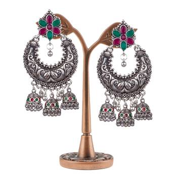 Divine Oxidised Silver With Green & Pink Beaded Dangling Earring For Women & Girls 3