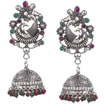 Gorgeous Peacock Design Silver Plated Oxidised Brass Push Back Jhumki Earring For Women Brass Jhumki Earring 1
