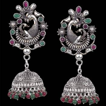 Gorgeous Peacock Design Silver Plated Oxidised Brass Push Back Jhumki Earring For Women Brass Jhumki Earring 2
