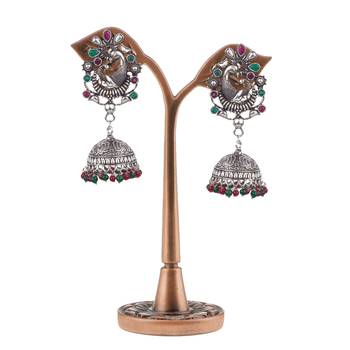 Gorgeous Peacock Design Silver Plated Oxidised Brass Push Back Jhumki Earring For Women Brass Jhumki Earring 3