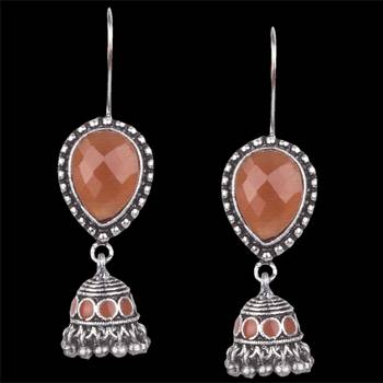 Admirable Oxidised Silver Orange Turquoise Stone With Beaded Dangling Earring For Women & Girls 2