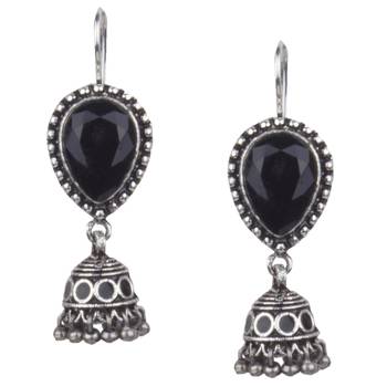 Bewitching Oxidised Silver Black Turquoise Stone With Beaded Dangling Earring For Women & Girls 1