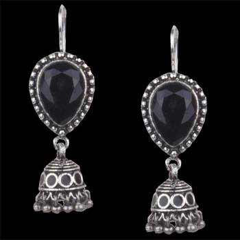Bewitching Oxidised Silver Black Turquoise Stone With Beaded Dangling Earring For Women & Girls 2