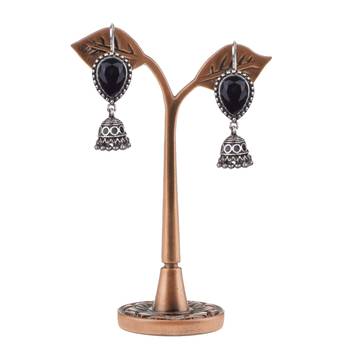 Bewitching Oxidised Silver Black Turquoise Stone With Beaded Dangling Earring For Women & Girls 3