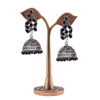 Classy  German Silver Lotus Design Beaded Dangling Jhumkhi For Women And Girls 3