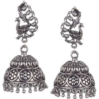 Gorgeous Peacock Design Silver Plated Oxidised Brass Push Back Jhumki Earring For Women & Girls 1