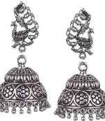 Gorgeous Peacock Design Silver Plated Oxidised Brass Push Back Jhumki Earring For Women & Girls