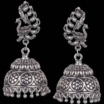 Gorgeous Peacock Design Silver Plated Oxidised Brass Push Back Jhumki Earring For Women & Girls 2