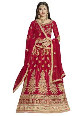 Red Embroidered Net Semi Stitched Lehenga 1