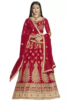Red Embroidered Net Semi Stitched Lehenga