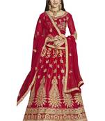 Red Embroidered Net Semi Stitched Lehenga