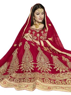 Red Embroidered Net Semi Stitched Lehenga 2