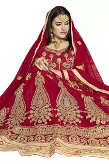 Red Embroidered Net Semi Stitched Lehenga