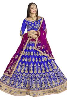 Blue Embroidered Net Semi Stitched Lehenga