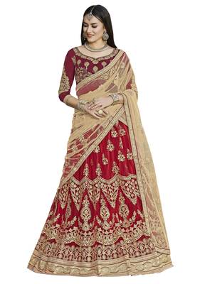 Maroon Embroidered Net Semi Stitched Lehenga 1