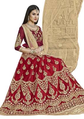 Maroon Embroidered Net Semi Stitched Lehenga 2