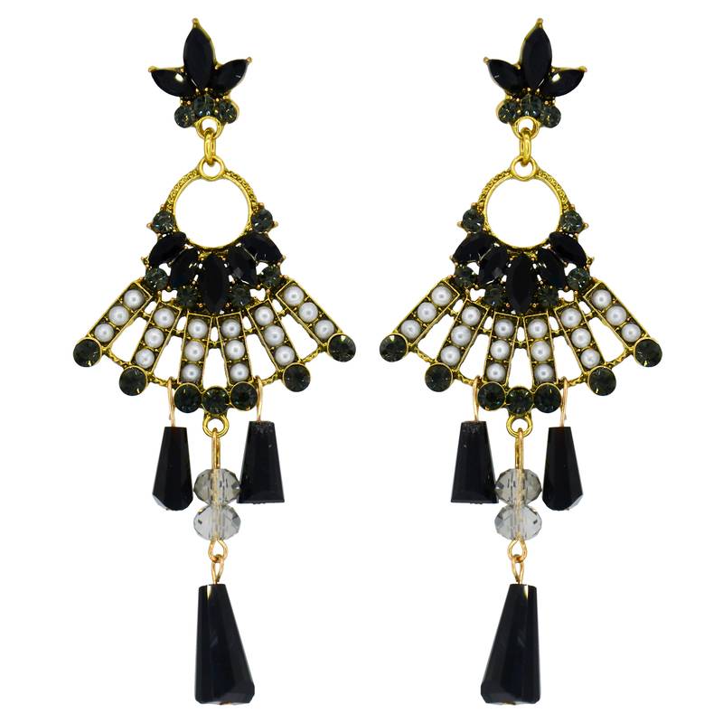 Fashion Gold-Plated Black Diamond, Crystal, Hanging Tassel Fancy Stylish Party Wear Earrings For Girls And Women
