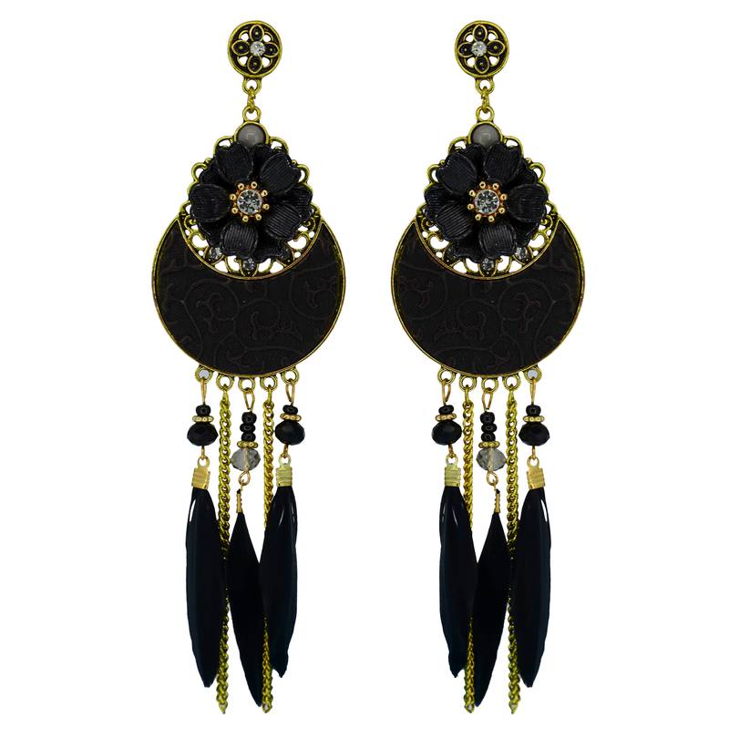 Fashion Gold Plated Unique Floral Design, Black Feather Tassel Chain Pair Of Fascinating Dangle Earrings For Women/Girls