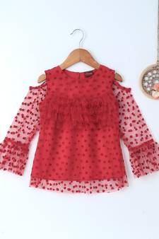 Red embroidered polyester kids tops