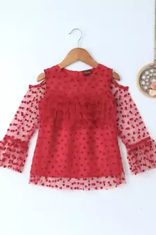 Red embroidered polyester kids tops
