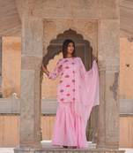 Baby-pink printed cotton kurta sets