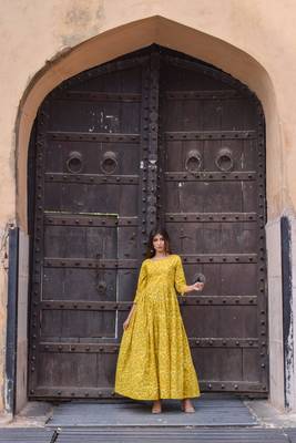 Yellow printed cotton kurta 1