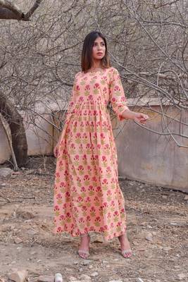 Peach printed cotton kurta 1